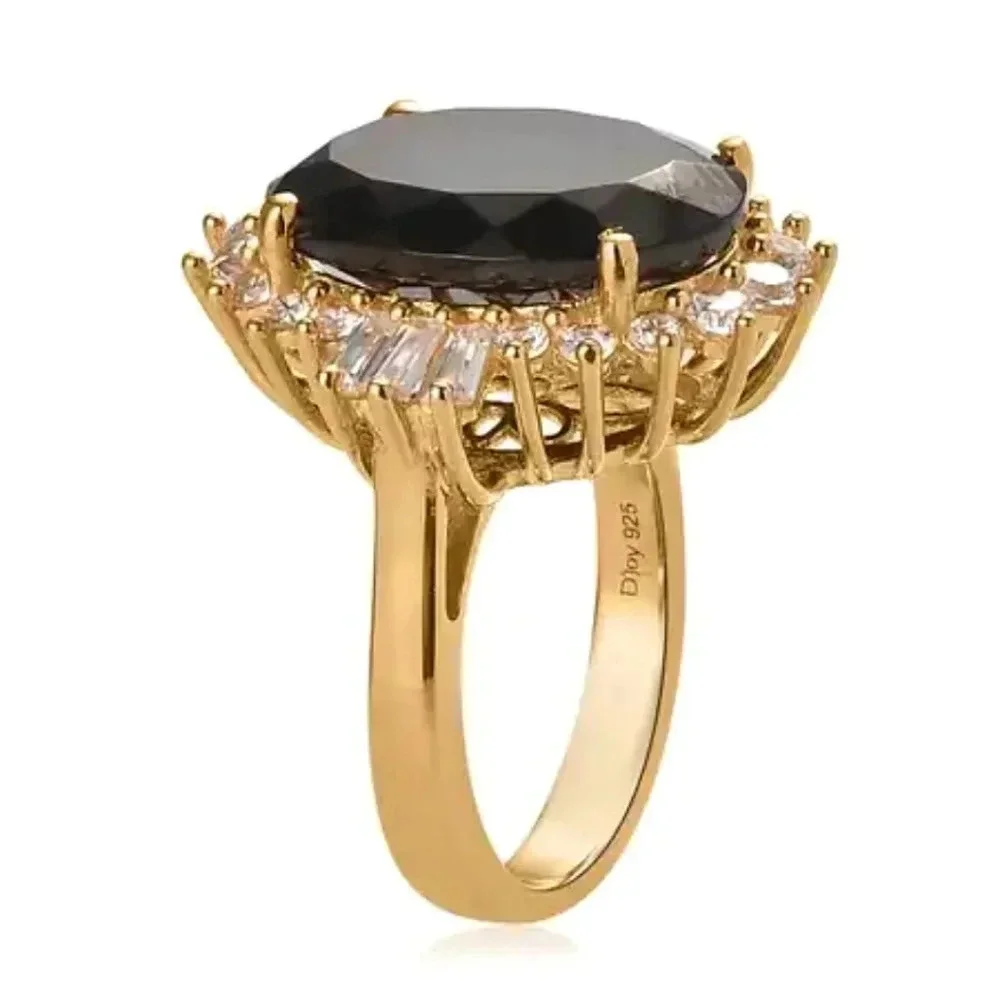 Elite Shungite and Natural White Zircon Halo Ring In 18kt YG Vermeil.